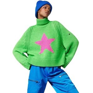 Goldbergh Beauty Green Knit Sweater Star Motif Turtleneck Chunky Size Small